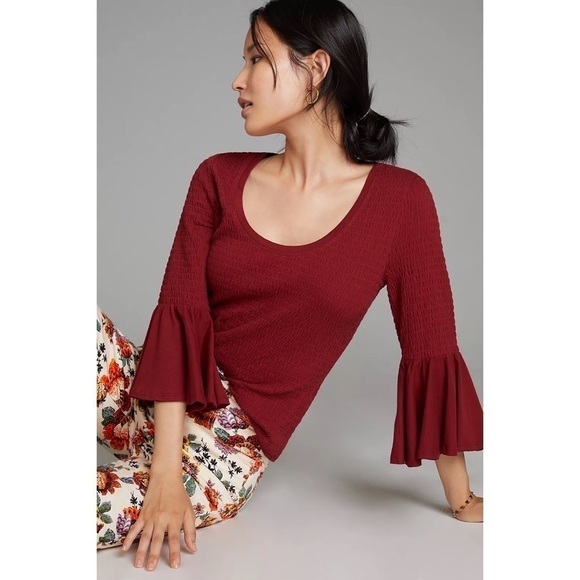 Anthropologie Blouse Smocked Bell-Sleeve Top Shirt in Wine M - Picture 1 of 12